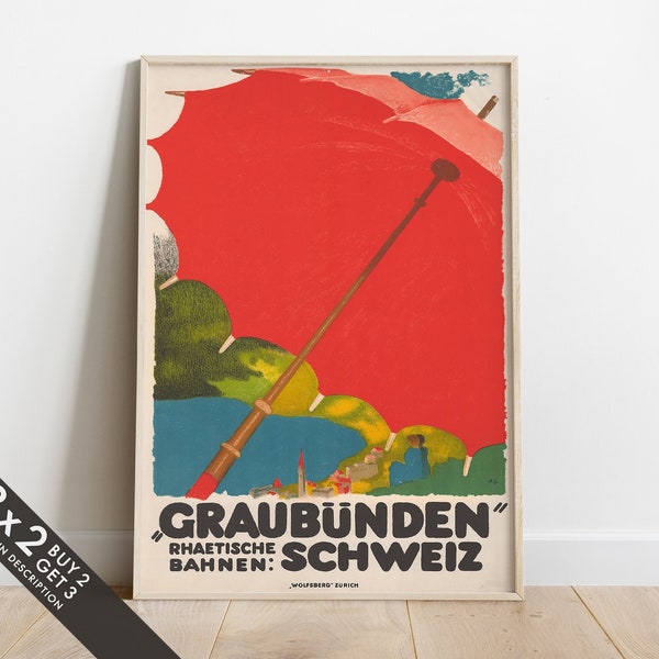 Affiche Rhätische Bahn, affiche de voyage vintage, Grisons Suisse, Augusto Giacometti