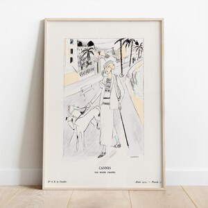 Puede incluir: Una ilustración en blanco y negro de una mujer paseando a un perro en Cannes, Francia. La mujer lleva un sombrero y un vestido. El perro es un galgo. La ilustración es de 1924 y se titula "Cannes por Roger Chastel".