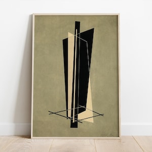 Könnte beinhalten: Abstrakter geometrischer Kunstdruck mit schwarzen und beigefarbenen Formen auf grünem Hintergrund. Der Druck ist in einem hellen Holzrahmen gerahmt.