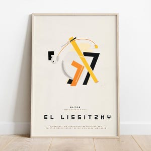 Może przedstawiać: Winietyczny plakat z geometrycznym wzorem w kolorze czarnym, żółtym i pomarańczowym. Plakat zawiera tekst "EL LISSITZKY" i "ALTER" w kolorze czarnym.
