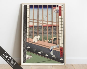 Gato en ventana, Utagawa Hiroshige, obra de arte japonesa vintage, vista del monte Fuji