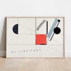 Può includere: Una stampa d'arte astratta geometrica in bianco e nero con accenti rossi e blu. La stampa presenta un cerchio, linee e il testo "WENDINGEN" e "EL LISSITZKY".