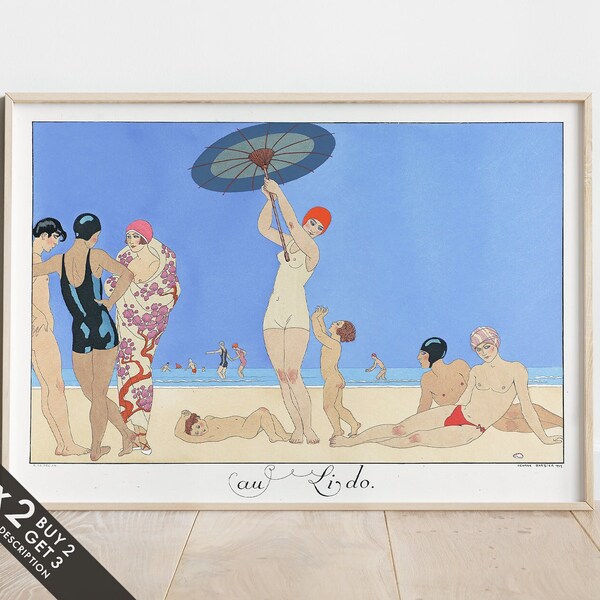 Au Lido von George Barbier, Strand Kunstdruck, Art Deco Wandkunst, 1920er Jahre Illustration