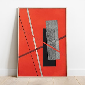 Op de afbeelding: Abstracte geometrische kunstprint met een rode achtergrond en zwarte en grijze vormen. De vormen zijn gerangschikt in een dynamische compositie met elkaar kruisende lijnen.