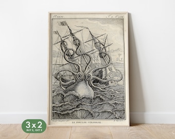 Le Poulpe Colossal, Octopus Art Print, Kraken Illustration, Nautical Poster, Octopus Wall Art