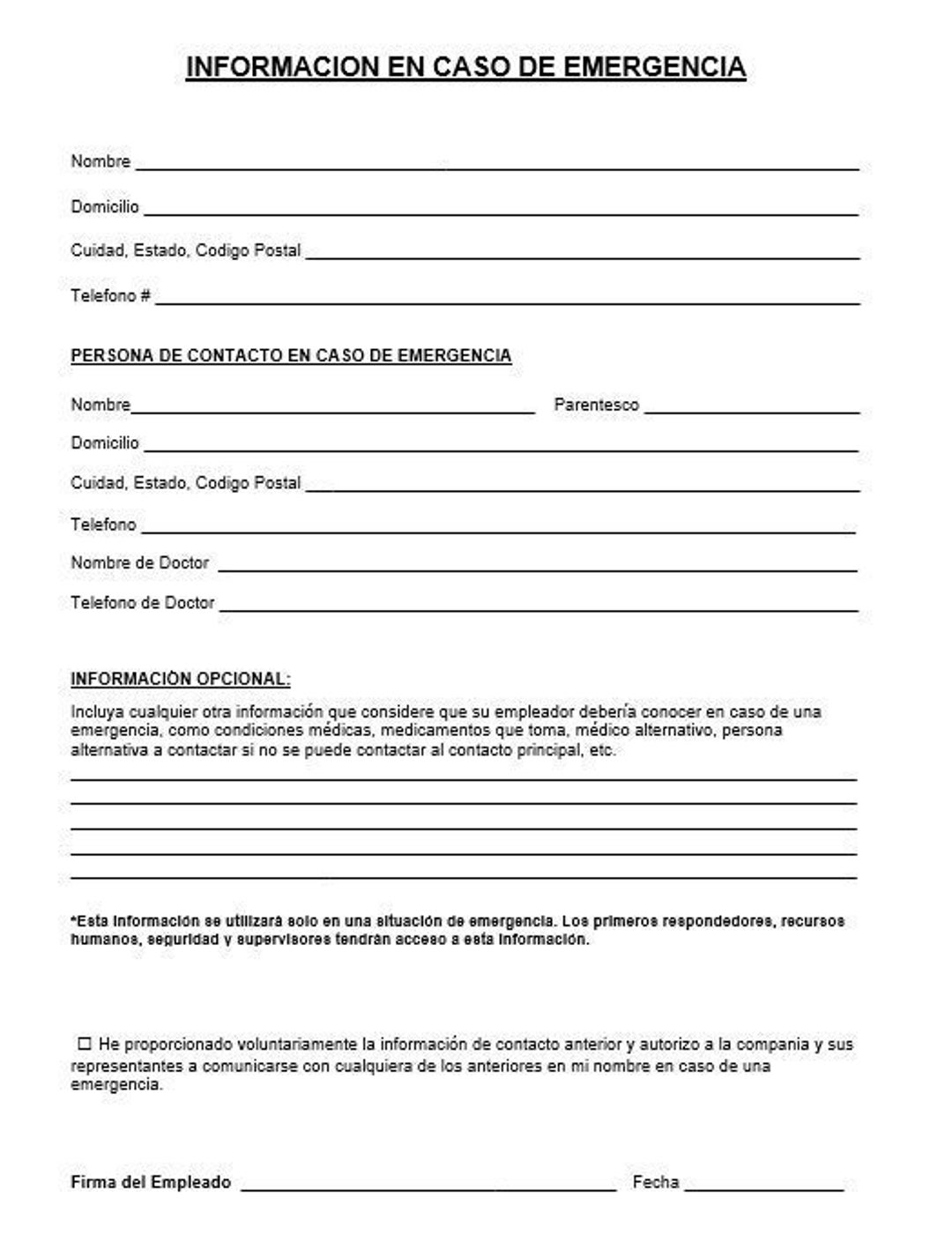 Emergency Contact Form spanish Etsy