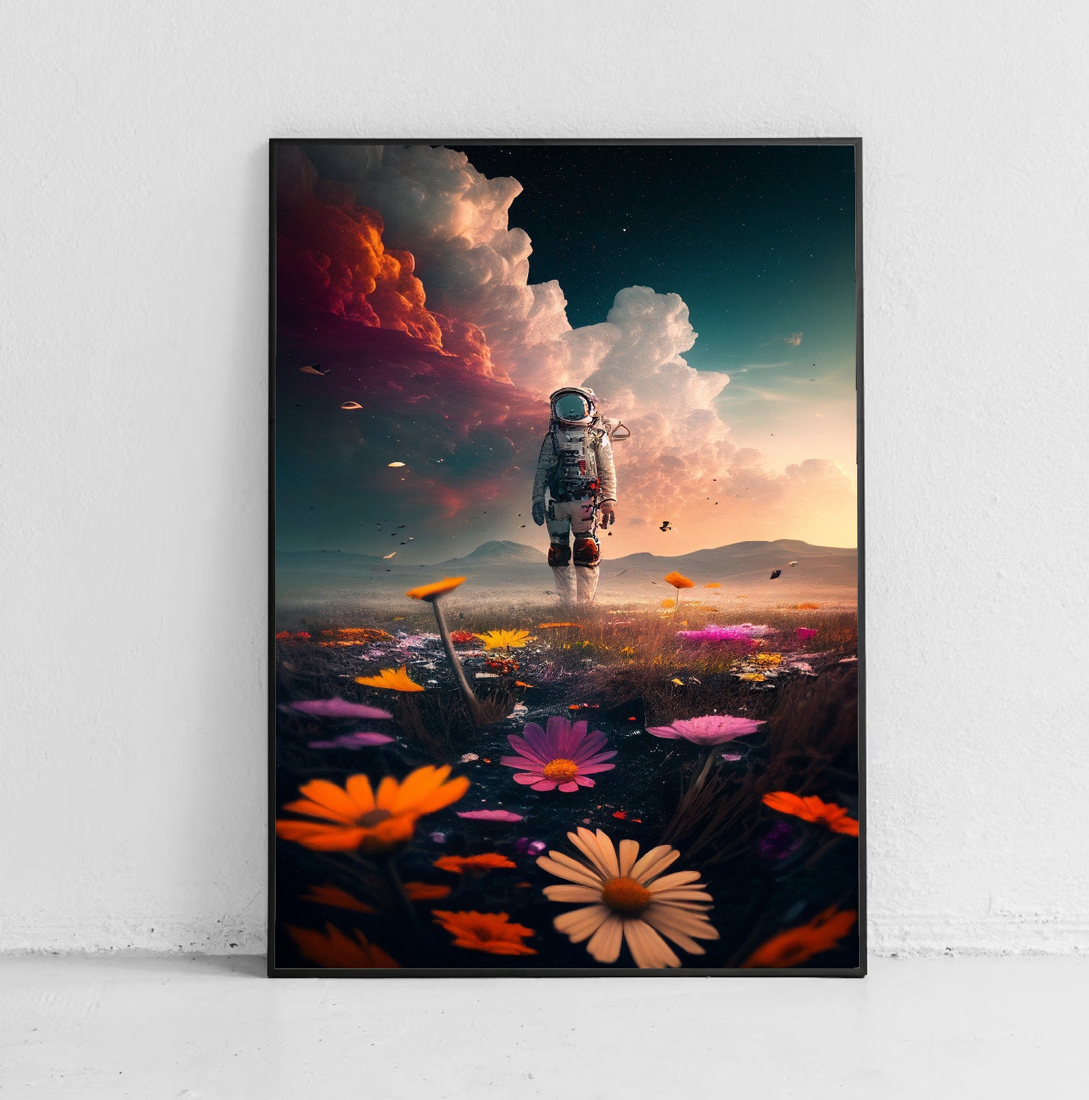 Astronaut in a Flower Field Print / Surreal Wall Art / Printable