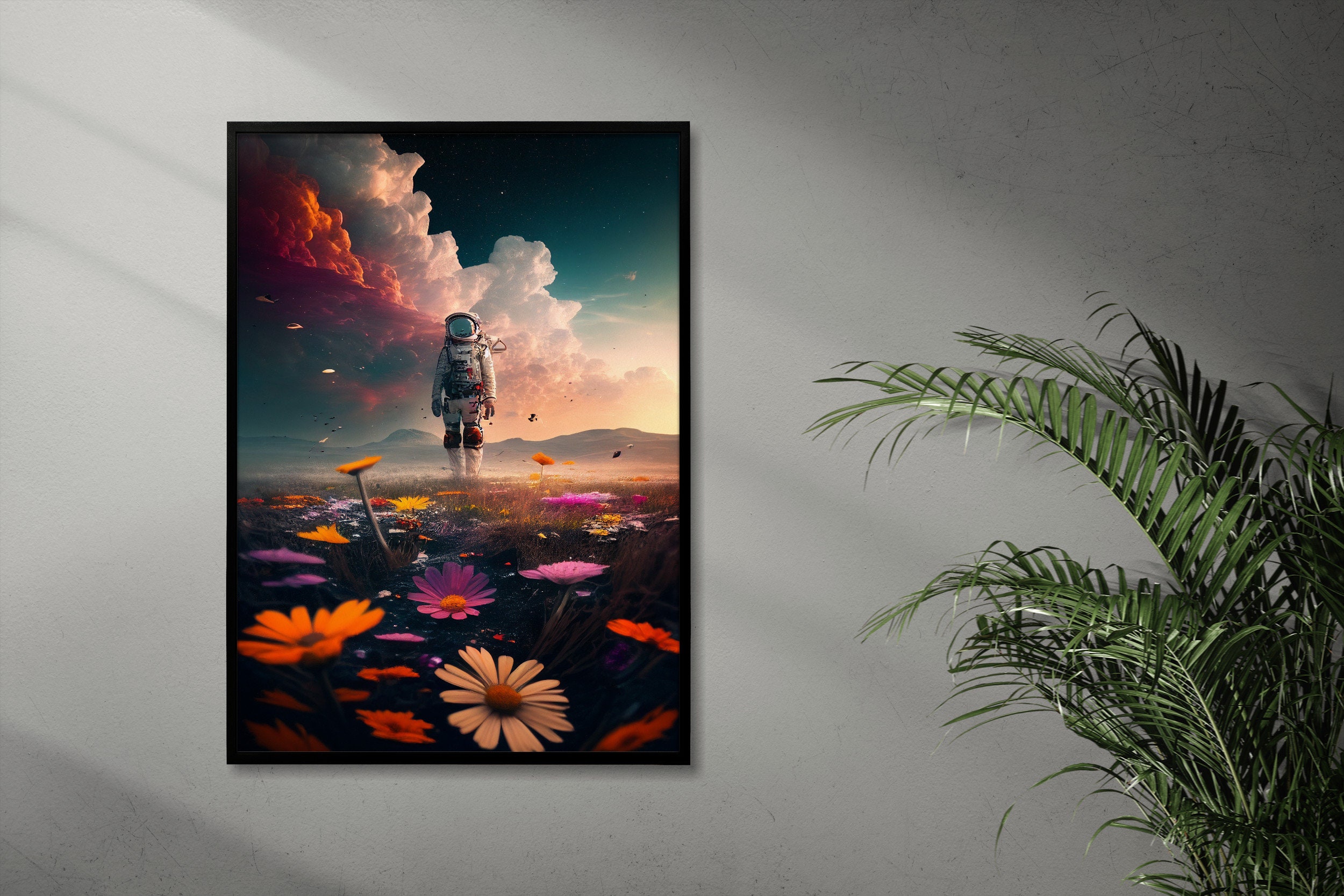 Astronaut in a Flower Field Print / Surreal Wall Art / Printable