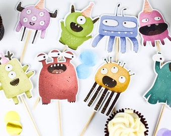 Monster Torten Topper, kleine Monster Cupcake Topper, Kuchen Topper zum ersten Geburtstag, Kuchendekoration, bunte Geburtstagsparty Dekoration