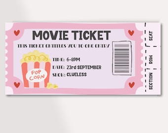 May include: Pink movie ticket with a cartoon popcorn bucket and the text "MOVIE TICKET", "THIS TICKET ENTITLES YOU TO ONE ENTRY", "TIME: 6-8PM", "DATE: 23rd SEPTEMBER", "SHOW: CLUELESS", and "SECTION", "ROW", "SEAT".
