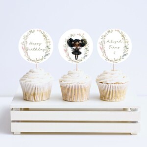 BEWERKBARE betoverde zwarte fee wilde bloemen tent cake cupcake topper verjaardagsfeestje decor instant download kinderen afdrukbaar digitaal label