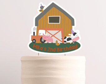 Puede incluir: Un granero rojo y naranja con un techo blanco y un campo verde delante. Hay un cerdo, una vaca y un tractor delante del granero. El texto "Mila's 2nd Birthday!" está escrito en el campo.