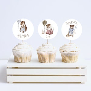 EDITIERBARE Teddybären Picknick Vintage Stil Bär Spielzeug Kuchen Cupcake Topper Geburtstag Party Dekor Sofortiger Download Kinder druckbare digitale Etikett