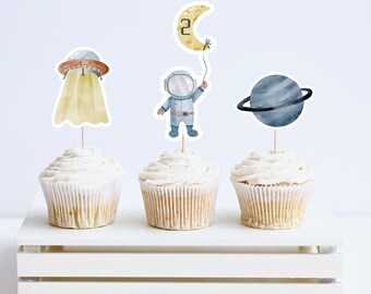 VARACL 35-Piece Space Theme Cupcake Toppers - Astronaut, Rocket, Planet Picks For Birthday, Baby Shower Parties