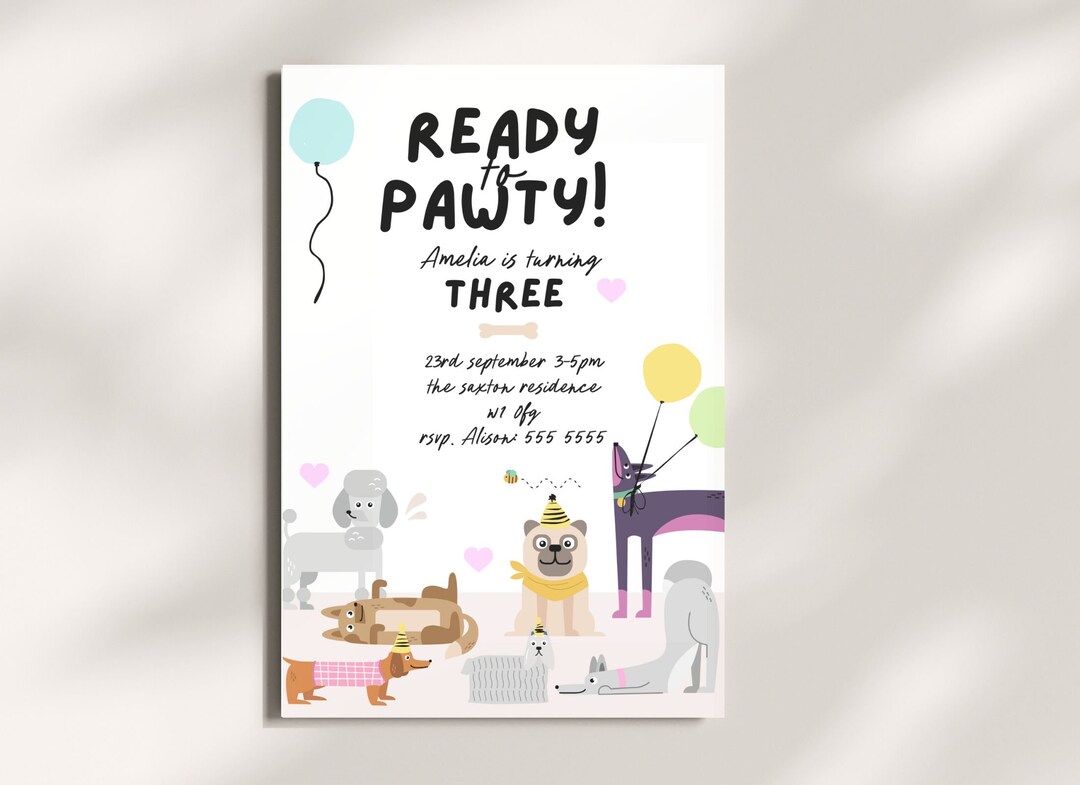 EDITABLE Puppy Pawty Invite Dog Birthday Party Invitation Pink Puppy ...