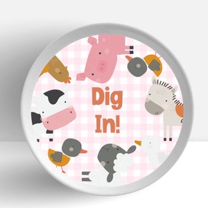 EDITABLE Pink Farm Insert, Farmyard Party, Barnyard Place Setting, Barn Animal Plate Insert, Girls Farm Party, Check Pink Farm Party