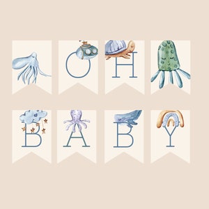 Instant Download Watercolor Under the Sea Ocean Nautical Modern Minimalist Baby Boy Baby Shower Banner Bunting Garland Corjl Template Decor
