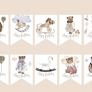 Instant Download Vintage Teddy bear Toys Gender Neutral Balloons Modern Minimalist  Birthday Banner Bunting Garland Corjl Template Decor