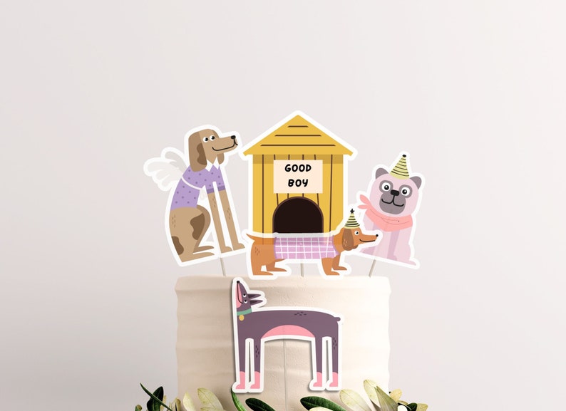 EDITABLE Dog Cake Topper Puppy Pawty Cupcake Topper Girls Pink Balloons Birthday Party Decor ...
