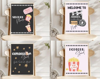 May include: Four printable signs for a movie night party. The signs are black and white with a movie theme. The signs say "Silence Please", "Welcome to Chloe's Movie Night", "Concession Stand Grab a Snack and a Drink!" and "Popcorn Stand".