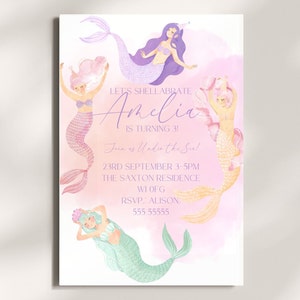May include: A pink and purple mermaid birthday invitation with the text "Let's Shellabrate Amelia is turning 3! Join us Under the Sea! 23rd September 3-5pm The Saxton Residence WI OFG RSVP: Alison: 555 55555"