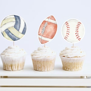 編集可能なスポーツケーキトッパー、ボールスポーツ誕生日パーティー、男の子用カップケーキトッパー、野球の装飾、アスリートパーティーの印刷可能な即時ダウンロード