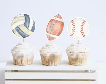 Adornos editables para tartas deportivas, fiesta de cumpleaños de deportes de pelota, adorno para cupcakes de niño, decoración de béisbol, fiesta de atletas imprimible, descarga instantánea