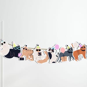 Pu&ograve; includere: Uno striscione per feste di gatti colorato con 10 gatti che indossano cappelli da festa e occhiali da sole. I gatti tengono regali e palloncini. Lo striscione &egrave; perfetto per una festa di compleanno o qualsiasi altra celebrazione.