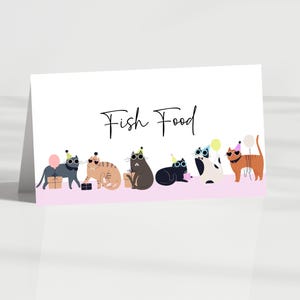 Étiquettes modifiables de nourriture pour chat, tentes de nourriture de fête de chaton, étiquette de nourriture de pawty d'animal familier, décoration de téléchargement immédiat, carte de place de fête de chat