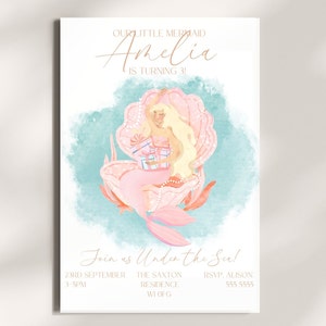 May include: A light blue and pink invitation with a mermaid illustration holding a gift. The text reads "Our Little Mermaid Amelia is turning 3! Join us Under the Sea!" with details for the event.