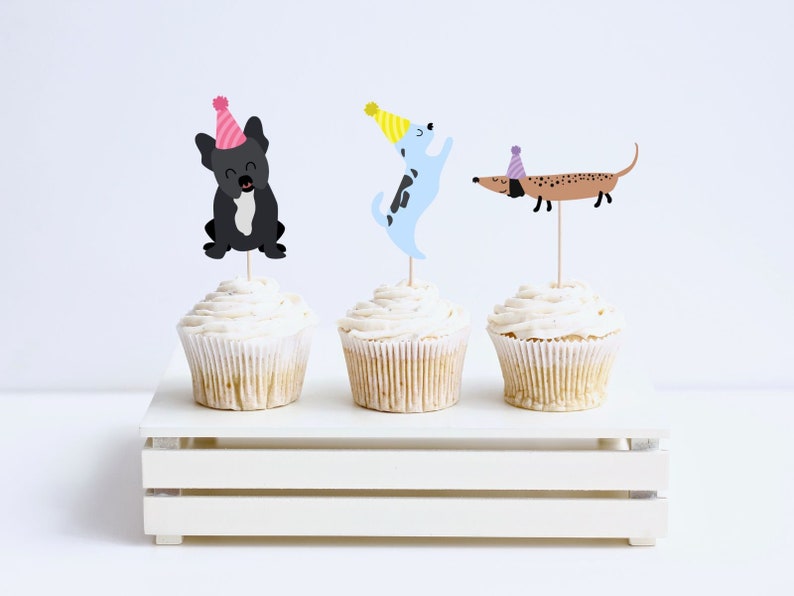EDITABLE Dog Cake Topper Puppy Pawty Cupcake Topper Girls Pink Balloons Birthday Party Decor ...
