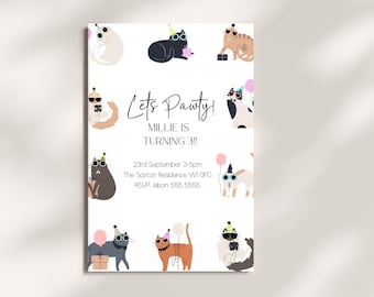 May include: A white invitation card featuring a colourful illustration of cats wearing party hats and sunglasses. The text on the card reads "Let's Pawty! Millie is turning 3!!" with details for the party including the date, time, location, and RSVP information.