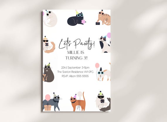 Editable Cat Invite, Kitten Party Evite, Pet Pawty Invitation, Instant Download Evite, Cat Party Decor, Kitty Cat Party Invitation