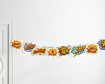 Guirnalda de superhéroes editable, pancarta minimalista para fiesta de cumpleaños de superhéroes, banderines de superhéroes, decoración imprimible para fiesta de superhéroes