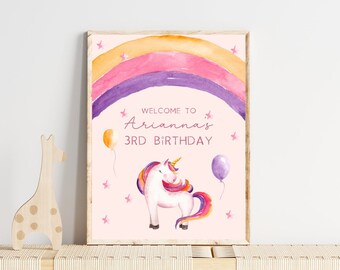 Letrero de bienvenida de cumpleaños editable con unicornios, arcoíris, estrellas, globos rosas para niñas, descarga digital instantánea, letreros de mesa Corjl personalizables.