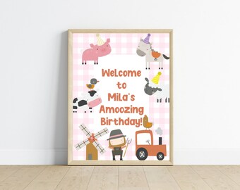 May include: A pink and white gingham background with farm animals wearing party hats. The text reads "Welcome to Mila's Amoozing Birthday!"
