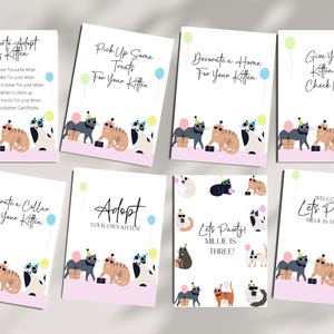 Pu&ograve; includere: Un set di dieci carte stampabili con adorabili gatti dei cartoni animati che indossano cappelli da festa e occhiali da sole. Le carte hanno frasi diverse relative a una festa di adozione di gattini, come "Come adottare un gattino", "Prendi alcuni dolcetti per il tuo gattino", "Decora una casa per il tuo gattino", "Fai un controllo al tuo gattino", "Decora un collare per il tuo gattino", "Adotta il tuo gattino", "Facciamo festa! Millie ha tre anni!" e "Benvenuti alla festa! Millie ha tre anni!"