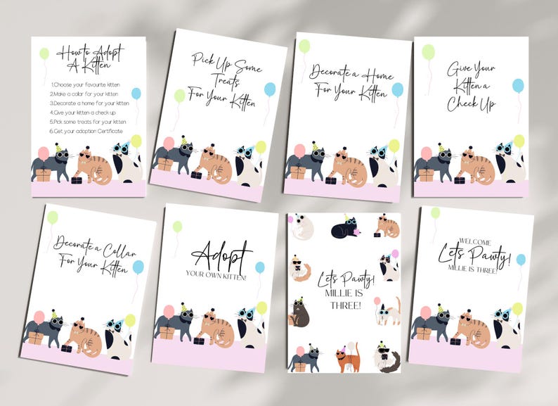 Pu&ograve; includere: Un set di dieci carte stampabili con adorabili gatti dei cartoni animati che indossano cappelli da festa e occhiali da sole. Le carte hanno frasi diverse relative a una festa di adozione di gattini, come "Come adottare un gattino", "Prendi alcuni dolcetti per il tuo gattino", "Decora una casa per il tuo gattino", "Fai un controllo al tuo gattino", "Decora un collare per il tuo gattino", "Adotta il tuo gattino", "Facciamo festa! Millie ha tre anni!" e "Benvenuti alla festa! Millie ha tre anni!"