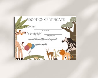 Wild One Adoption Certificate Printable Safari Animal Adoption Certificate  Jungle Animals  Zoo Animals Party Adopt an Animal Certificate