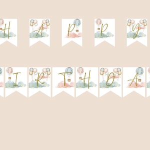 Instant Download Hot Air Balloons Clouds Gender Neutral Up Away Modern Minimalist  Birthday Banner Bunting Garland Corjl Template Decor