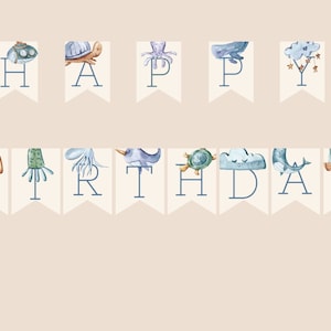 Instant Download Watercolor Under the Sea Ocean Nautical Modern Minimalist Boys Girls Birthday Banner Bunting Garland Corjl Template Decor