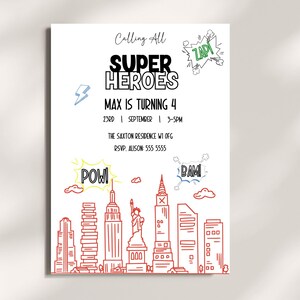 Editable Superhero Invite Super Hero Birthday Party Minimalist Boys Invite Superheroes Invitation Supehero Party Printable  Decor