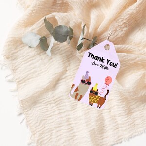 EDITABLE Kitty Cat Thank You Favor Tag Template Kitten Birthday Party Girl Purple Balloons Cats Sunglasses INSTANT DOWNLOAD Corjl Template