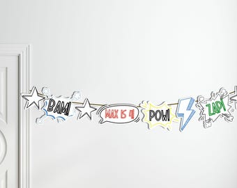 Guirnalda de superhéroes editable, pancarta minimalista para fiesta de cumpleaños de superhéroes, banderines de superhéroes, decoración imprimible para fiesta de superhéroes