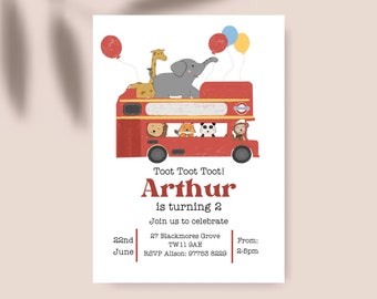 Invito personalizzato per la festa di compleanno con autobus rosso di Londra, animali dello zoo, Ruote sull'autobus MODIFICABILI, download immediato, invito personalizzato per bambini Corjl