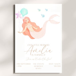 May include: A pink and white mermaid illustration with a starfish and bubbles. The text reads "Our little mermaid Amelia is turning 3. Join us under the sea!" with details for a birthday party.