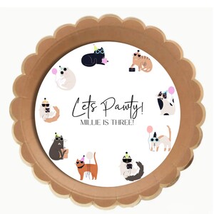 Pu&ograve; includere: Piatto di carta marrone con un cerchio bianco al centro. Il cerchio presenta un disegno di gatti con cappelli da festa e occhiali da sole. Il testo "Let's Pawty! Millie is Three!" &egrave; scritto in nero.
