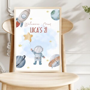 Letrero de bienvenida de astronauta EDITABLE Letreros de fiesta de cohetes Letreros de fiesta de planetas Decoración de fiesta de cumpleaños Descarga instantánea Letreros de fiesta de galaxias fuera del espacio