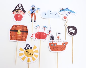 Pirate Cupcake Topper Set Ahoy Matey Party Decor Pirate Cake Toppers Shark Party Decor Birthday Party Decor Pirate Cake Decorations