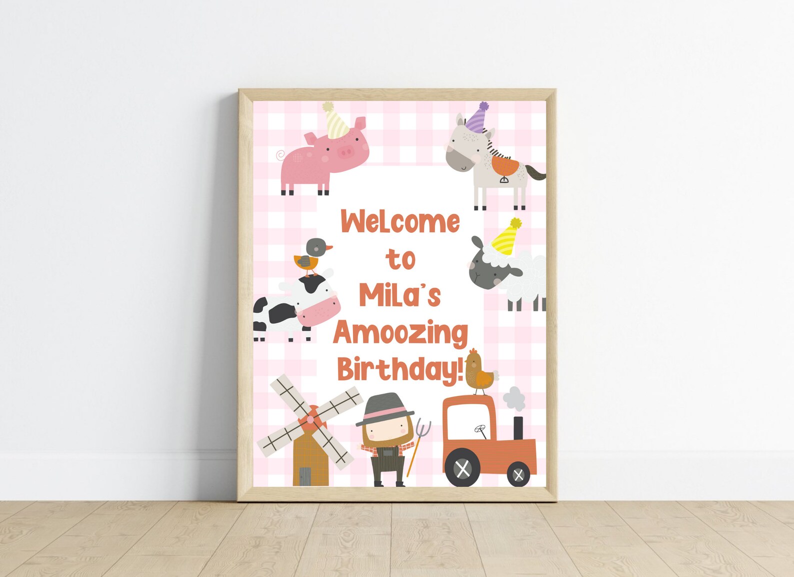 EDITABLE Pink Farm Cake Toppers, Pink Check Cake Toppers, Barn Cake ...